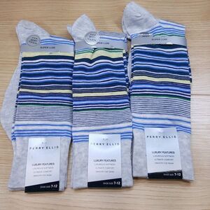 PERRY ELLIS Crew Dress Socks Grey 3-Pack Stripe Rayon Ultimate Soft Comfort